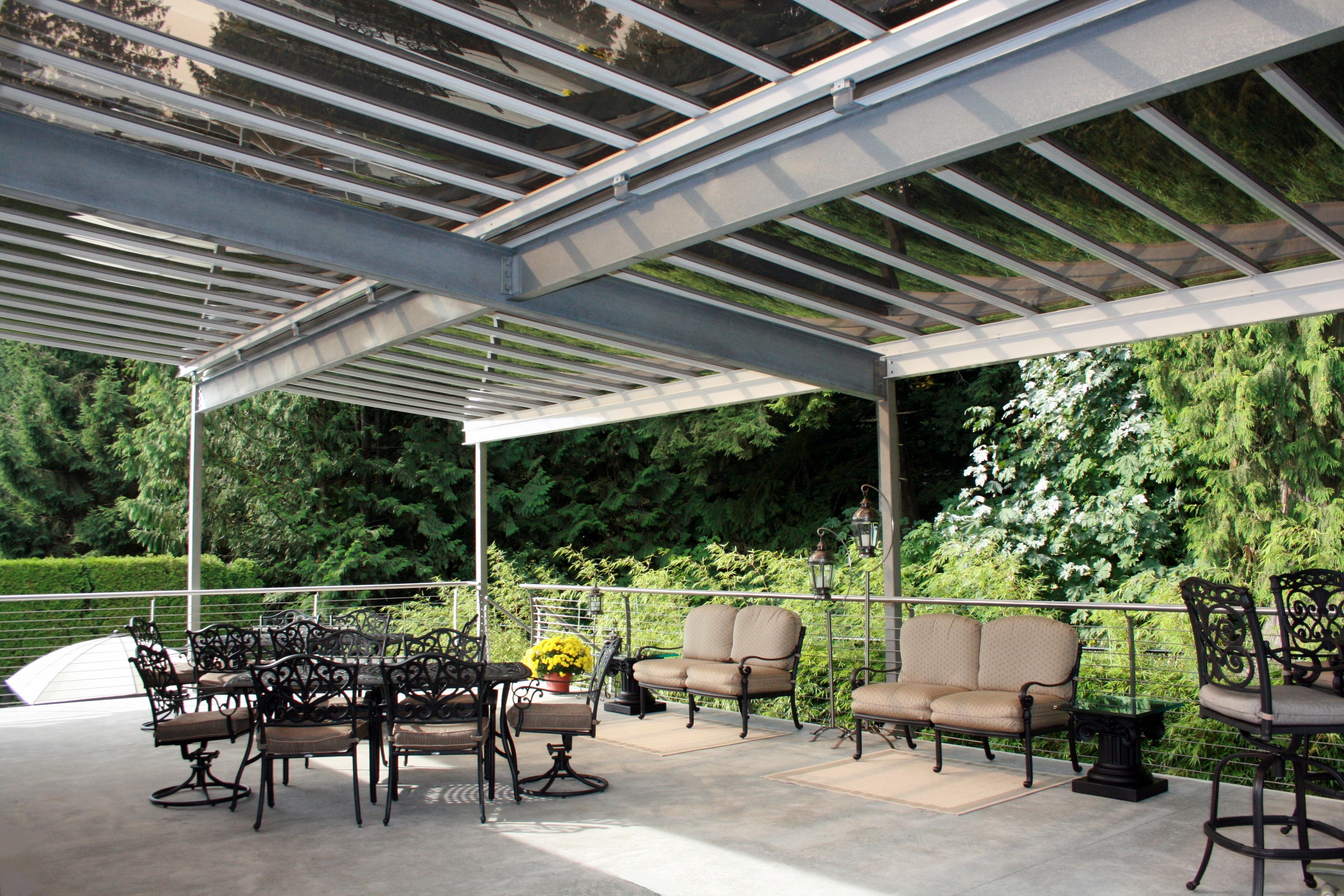 steel framed pergola with translucent panels